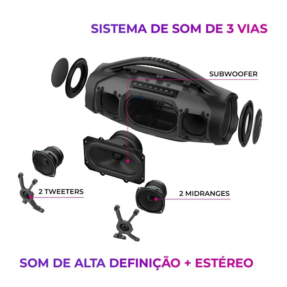 Caixa de Som Boombox AIWA - Bluetooth, 3 vias, IP66, AWS-BBS-01-B