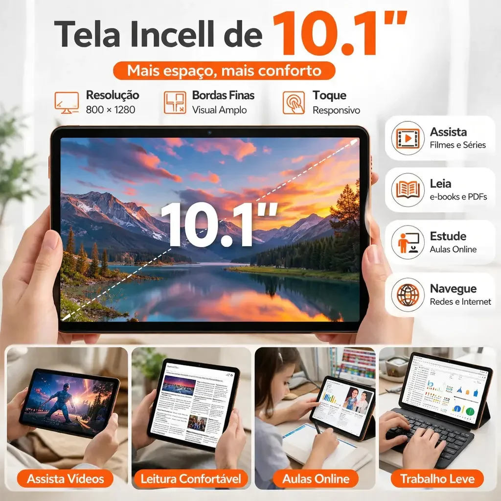 Tablet 10.1" Android 13 128GB(ROM)+ 6GB RAM com Teclado, Mouse, Capa e Caneta Stylus – Dual SIM