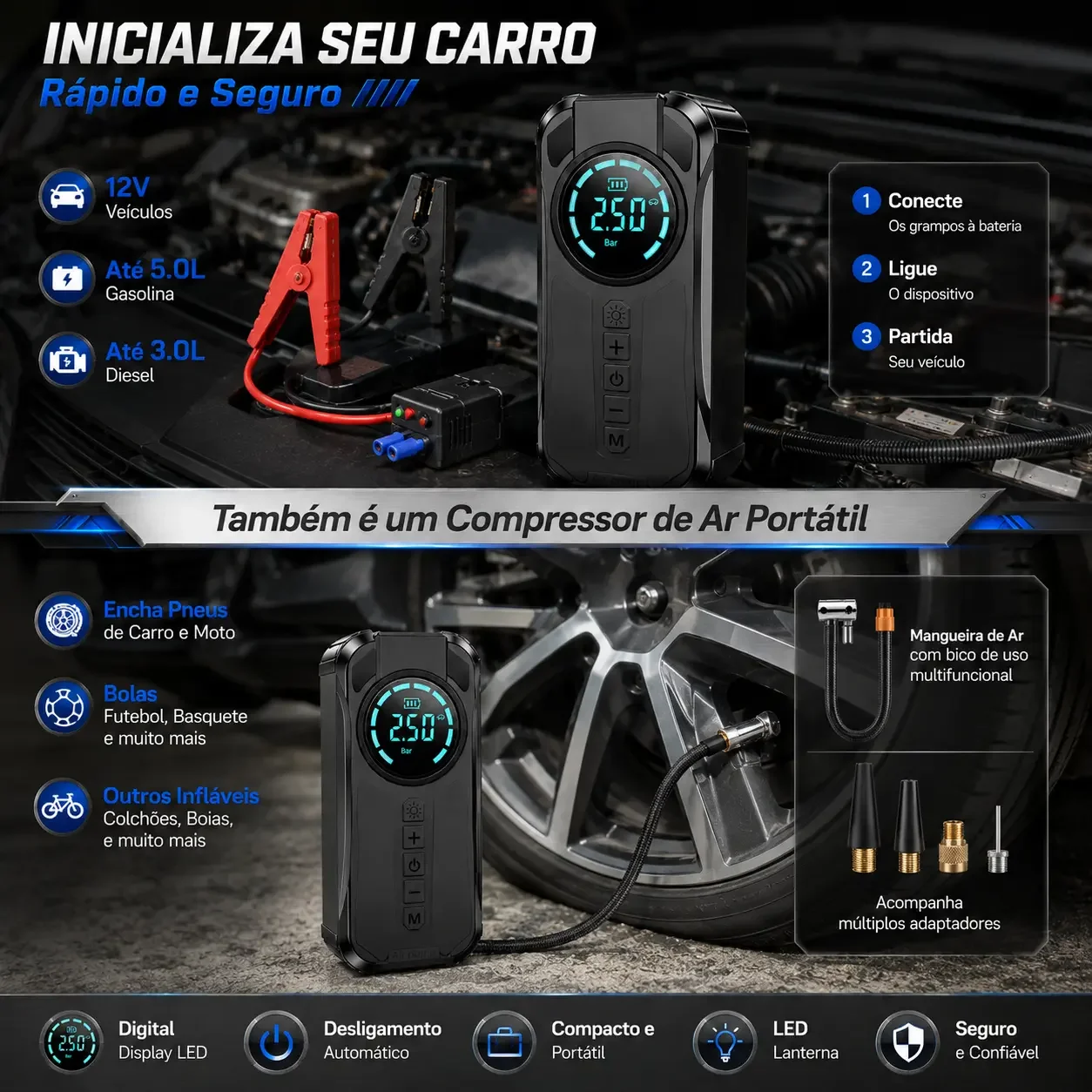 Inflador de Pneus Elétrico Digital HAUS - Compressor de Ar Portátil para Carro, Moto, Bike e Bolas | 150 PSI com Display e Bicos Adaptadores