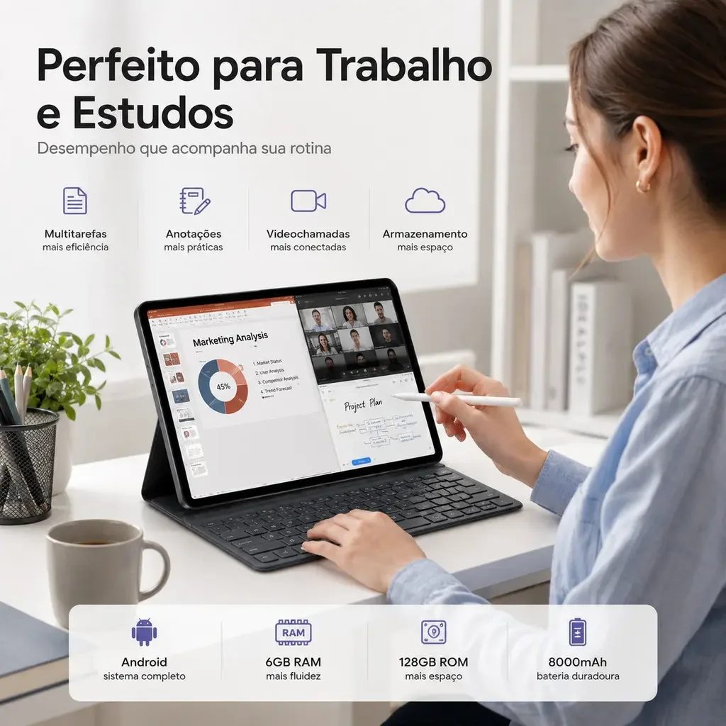 Tablet Android 13 10.5'' 4G WiFi 8000mAh Com Teclado Mouse Caneta Para Estudo Trabalho