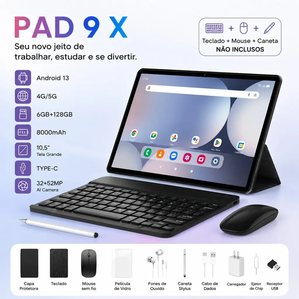 Tablet Android 13 10.5'' 4G WiFi 8000mAh Com Teclado Mouse Caneta Para Estudo Trabalho