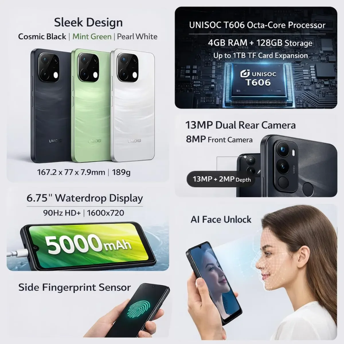 UMIDIGI Nota 90/90A 18W carga rápida 7.9mm espessura 4GB + 256GB