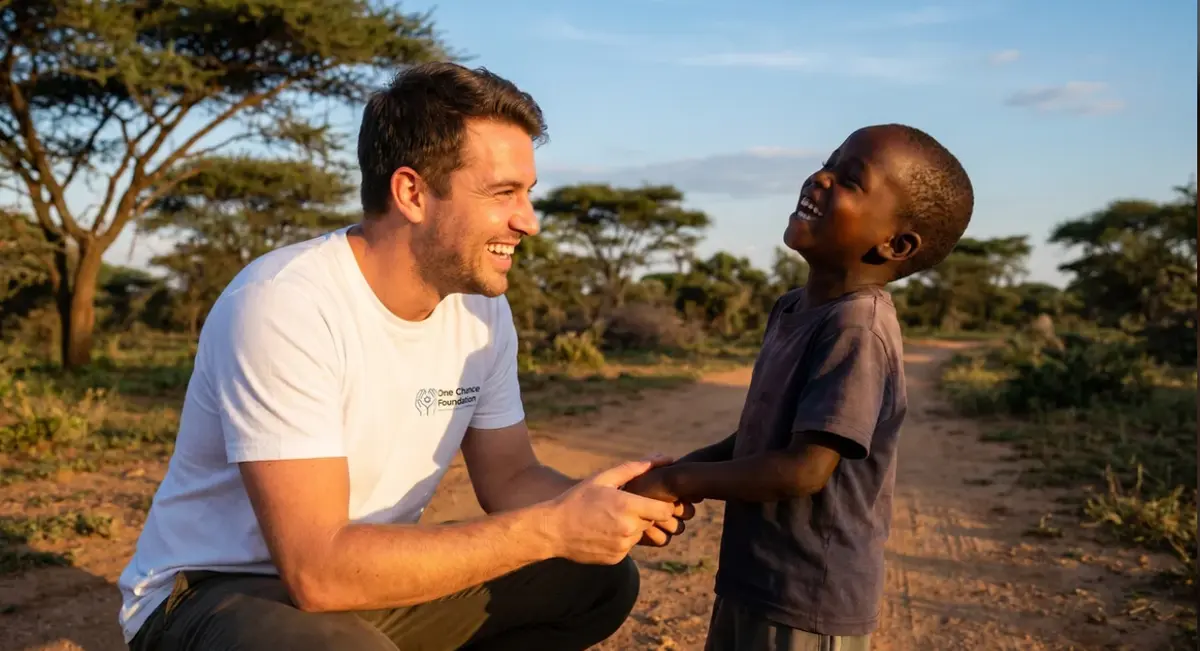 One Hope Foundation volunteer smiling with African child